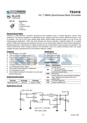 TS3410 datasheet - 1A / 1.5MHz Synchronous Buck Converter