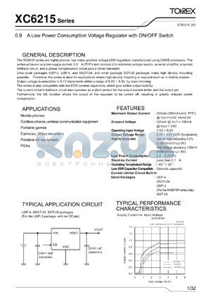 XC6215P302NL datasheet - 0.8lA Low Power Consumption Voltage Regulator with ON/OFF Switch