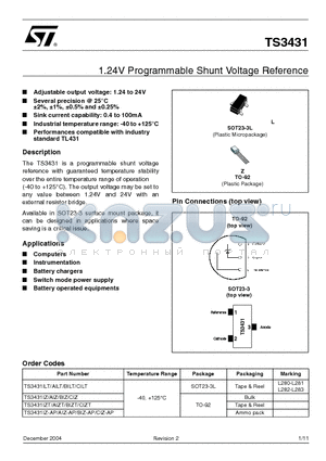 TS3431AILT datasheet - 1.24V Programmable Shunt Voltage Reference