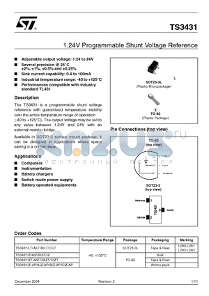 TS3431IZT datasheet - 1.24V Programmable Shunt Voltage Reference