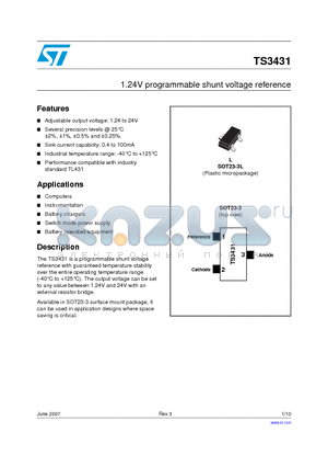 TS3431CILT datasheet - 1.24V programmable shunt voltage reference