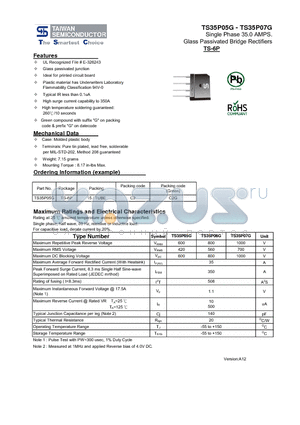 TS35P07G datasheet - Single Phase 35.0 AMPS Glass Passivated Bridge Rectifiers
