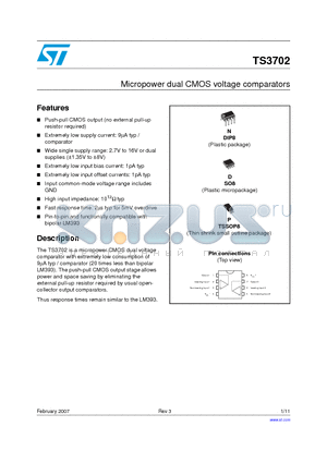 TS3702MD datasheet - MICROPOWER DUAL CMOS VOLTAGE COMPARATORS