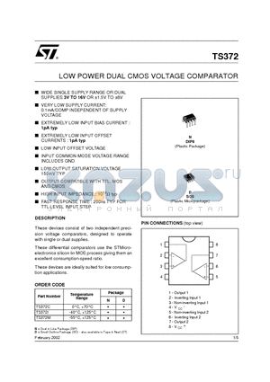 TS372I datasheet - LOW POWER DUAL CMOS VOLTAGE COMPARATOR