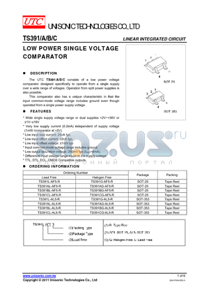 TS391 datasheet - LOW POWER SINGLE VOLTAGE COMPARATOR