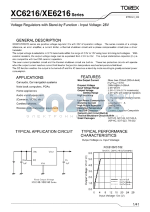 XC6216BC01ML datasheet - Voltage Regulators with Stand-by Function - Input Voltage: 28V