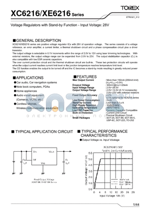 XC6216BC01PR datasheet - Voltage Regulators with Stand-by Function - Input Voltage: 28V