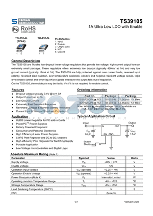 TS39105 datasheet - 1A Ultra Low LDO with Enable