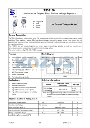 TS39150 datasheet - 1.5A Ultra Low Dropout Fixed Positive Voltage Regulator