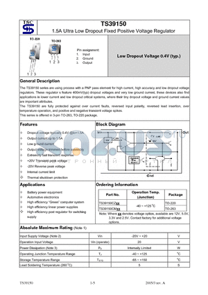 TS39150CZ33 datasheet - 1.5A Ultra Low Dropout Fixed Positive Voltage Regulator