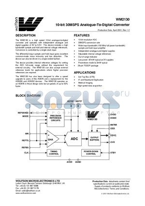 WM2130CDV datasheet - 10 - BIT 30MSPS ANALOGUE- TO - DIGITAL CONVERTER