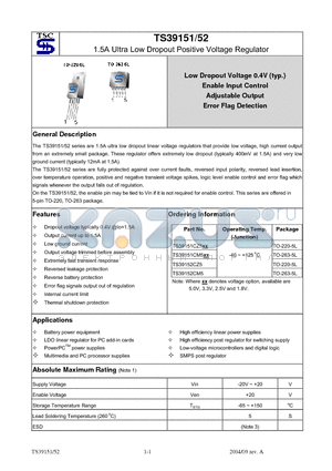 TS39151 datasheet - 1.5A Ultra Low Dropout Positive Voltage Regulator