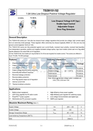 TS39152CM525 datasheet - 1.5A Ultra Low Dropout Positive Voltage Regulator