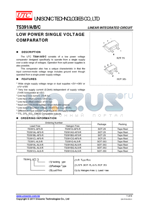 TS391AG-AF5-R datasheet - LOW POWER SINGLE VOLTAGE COMPARATOR