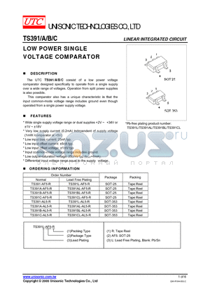 TS391CL-AL5-R datasheet - LOW POWER SINGLE VOLTAGE COMPARATOR