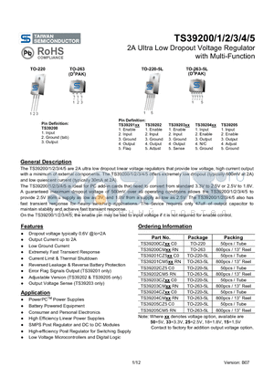 TS39201CZ5 datasheet - 2A Ultra Low Dropout Voltage Regulator with Multi-Function