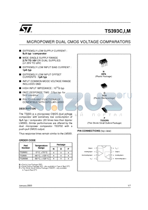 TS393IN datasheet - MICROPOWER DUAL CMOS VOLTAGE COMPARATORS