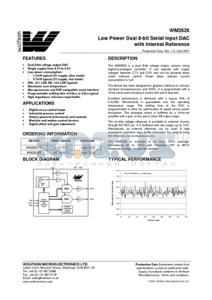 WM2626CD datasheet - Low Power Dual 8-bit Serial Input DAC with Internal Reference