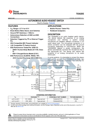 TS3A225E datasheet - AUTONOMOUS AUDIO HEADSET SWITCH