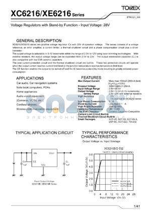 XC6216DA01ML datasheet - Voltage Regulators with Stand-by Function - Input Voltage: 28V