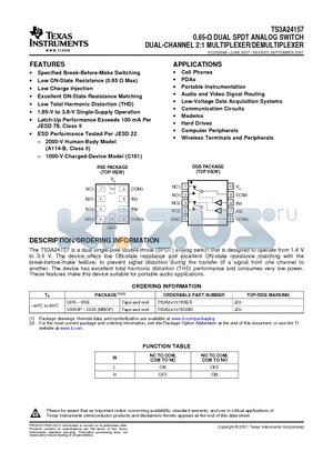 TS3A24157 datasheet - 0.65-Y DUAL SPDT ANALOG SWITCH DUAL-CHANNEL 2:1 MULTIPLEXER/DEMULTIPLEXER
