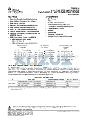 TS3A24159YZPR datasheet - 0.3-W DUAL SPDT ANALOG SWITCH DUAL-CHANNEL 2:1 MULTIPLEXER/DEMULTIPLEXER