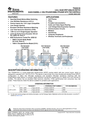 TS3A44159PWR datasheet - 0.45-W QUAD SPDT ANALOG SWITCH QUAD-CHANNEL 2:1 MULTIPLEXER/DEMULTIPLEXER WITH TWO CONTROLS