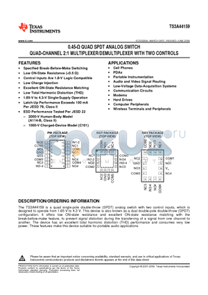 TS3A44159_08 datasheet - 0.45-Y QUAD SPDT ANALOG SWITCH QUAD-CHANNEL 2:1 MULTIPLEXER/DEMULTIPLEXER WITH TWO CONTROLS