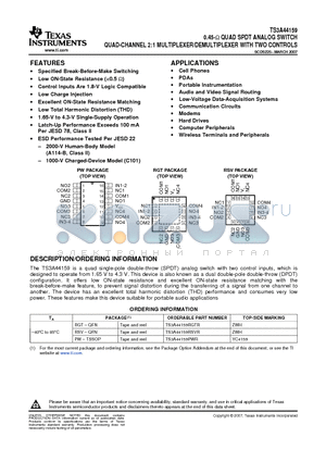 TS3A44159RGTRG4 datasheet - 0.45-W QUAD SPDT ANALOG SWITCH QUAD-CHANNEL 2:1 MULTIPLEXER/DEMULTIPLEXER WITH TWO CONTROLS