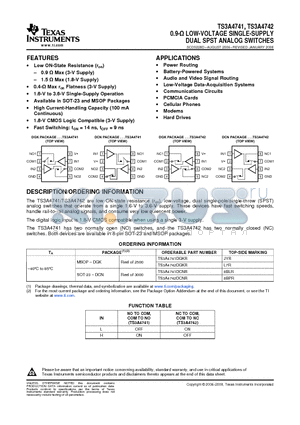 TS3A4741DGKR datasheet - 0.9-Y LOW-VOLTAGE SINGLE-SUPPLY DUAL SPST ANALOG SWITCHES