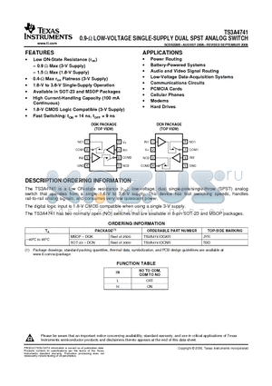TS3A4741DGKRG4 datasheet - 0.9-OHM LOW-VOLTAGE SINGLE-SUPPLY DUAL SPST ANALOG SWITCH