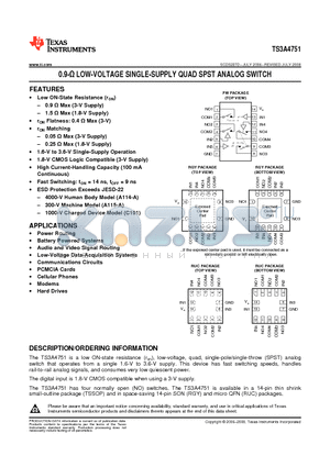 TS3A4751PWR datasheet - 0.9-Y LOW-VOLTAGE SINGLE-SUPPLY QUAD SPST ANALOG SWITCH