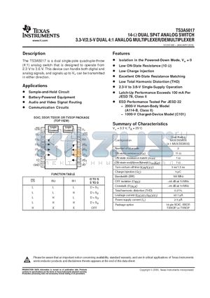TS3A5017 datasheet - 14-OHM DUAL SP4T ANALOG SWITCH 3.3-V/2.5-V DUAL 4:1 ANALOG MULTIPLEXER/DEMULTIPLEXER