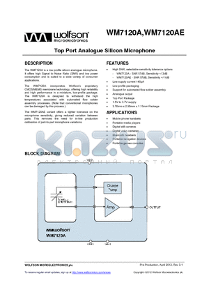 WM7120A datasheet - Top Port Analogue Silicon Microphone