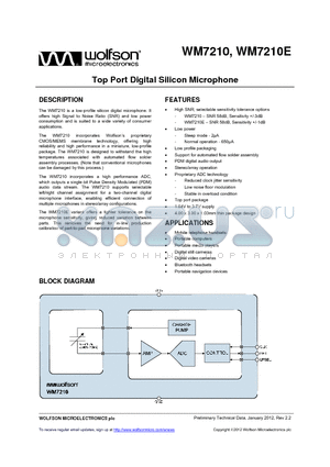 WM7210IMS/RV datasheet - Top Port Digital Silicon Microphone