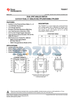 TS3A5017PWG4 datasheet - DUAL SP4T ANALOG SWITCH 3.3-V/2.5-V DUAL 4:1 ANALOG MULTIPLEXER/DEMULTIPLEXER