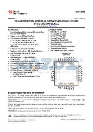 TS3DV20812 datasheet - 2-Gbps DIFFRETIAL SWITCH 8-bit, 1:2 MULTIPLEXER/DEMULTIPEXER WITH 3-SIDE BAND SIGNALS