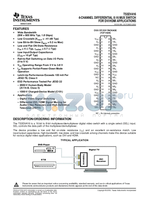 TS3DV416DGGR datasheet - 4-CHANNEL DIFFERENTIAL 8:16 MUX SWITCH FOR DVI/HDMI APPLICATIONS