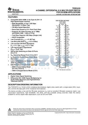 TS3DV416DGVR datasheet - 4-CHANNEL DIFFERENTIAL 8:16 MULTIPLEXER SWITCH FOR DVI/HDMI APPLICATIONS