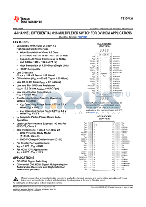 TS3DV421 datasheet - 4-CHANNEL DIFFERENTIAL 8:16 MULTIPLEXER SWITCH FOR DVI/HDMI APPLICATIONS
