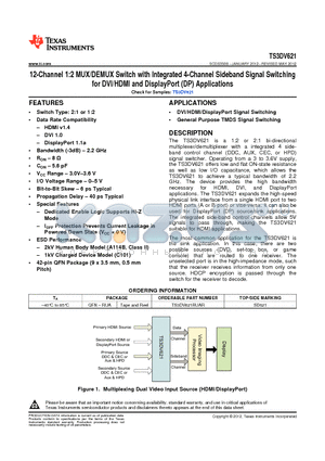 TS3DV621 datasheet - 12-Channel 1:2 MUX/DEMUX Switch with Integrated 4-Channel Sideband Signal Switching