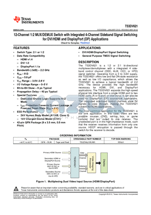 TS3DV621RUAR datasheet - 12-Channel 1:2 MUX/DEMUX Switch with Integrated 4-Channel Sideband Signal Switching