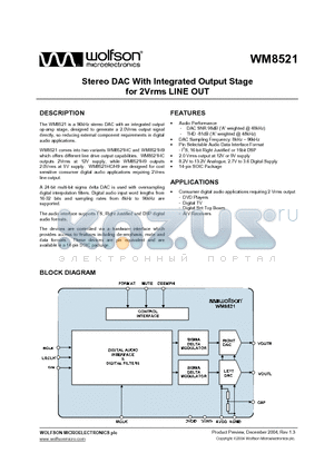 WM8521HCGED datasheet - STEREO DAC WITH INTEGRATED OUTPUT STAGE FOR 2VRMS LINE OUT