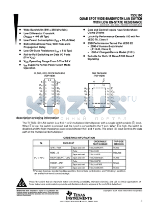 TS3L100DR datasheet - QUAD SPDT WIDE-BANDWIDTH LAN SWITCH WITH LOW ON-STATE RESISTANCE