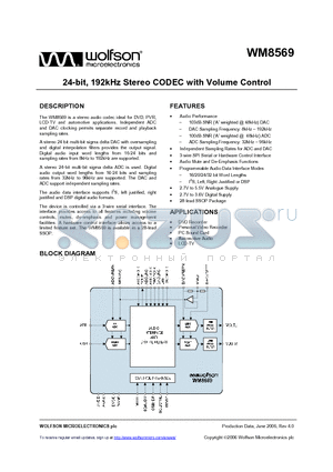 WM8569 datasheet - 24-bit, 192kHz Stereo CODEC with Volume Control