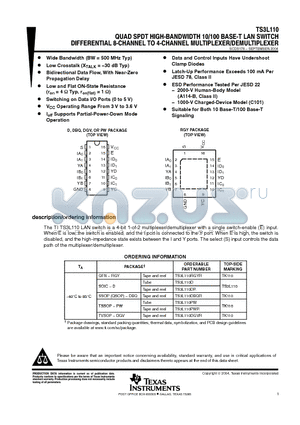 TS3L110PWE4 datasheet - QUAD SPDT HIGH-BANDWIDTH 10/100 BASE-T LAN SWITCH DIFFERENTIAL 8-CHANNEL TO 4-CHANNEL MULTIPLEXER/DEMULTIPLEXER