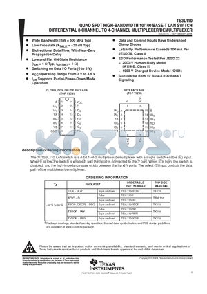 TS3L110RGYR datasheet - QUAD SPDT HIGH BANDWIDTH 10/100 BASE T LAN SWITCH DIFFERENTIAL 8 CHANNEL TO 4 CHANNEL MULTIPLEXER