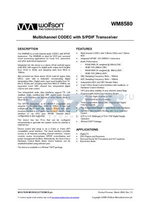 WM8580GEFV datasheet - Multichannel CODEC with S/PDIF Transceiver