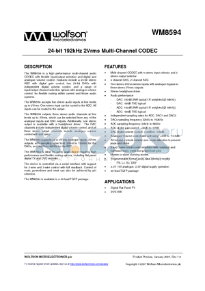 WM8594 datasheet - 24-bit 192kHz 2Vrms Multi-Channel CODEC