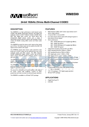 WM8599SEFT/V datasheet - 24-bit 192kHz 2Vrms Multi-Channel CODEC